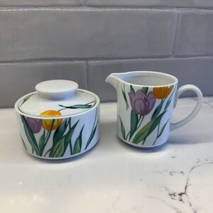 Studio Nova Flourish Tulip Print Sugar Bowl with Lid & Matching Creamer
